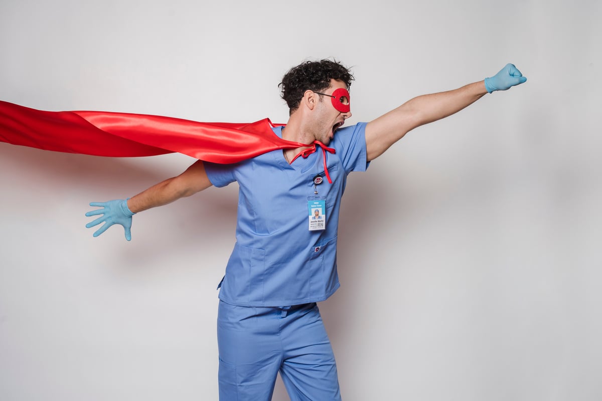 Expressive doctor in superhero costume